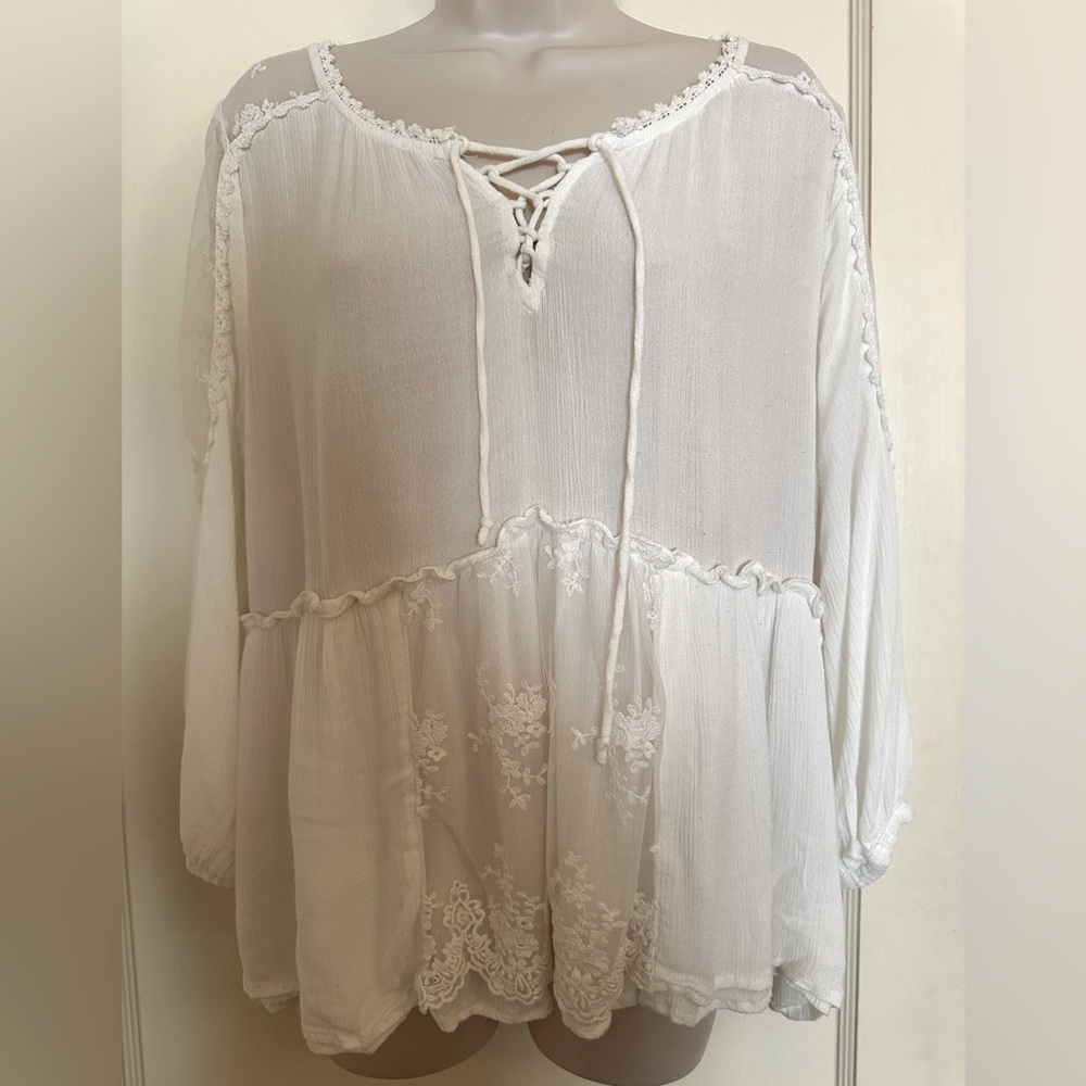 Free People Peasant White Blouse: Lace Insets/ Crocheted Border/ Tie Front